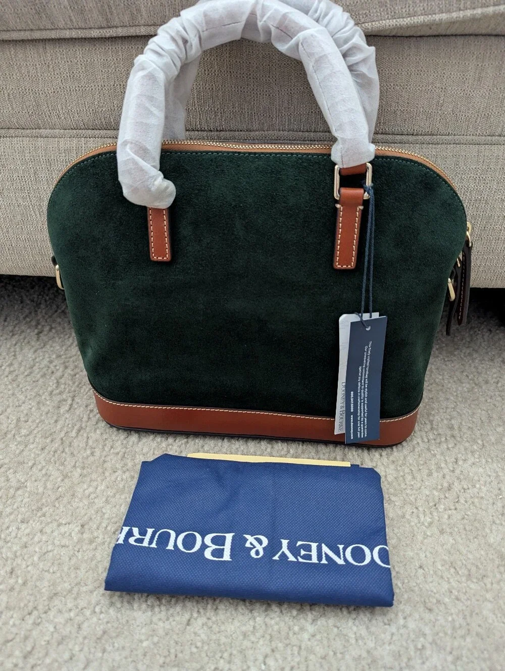 Dooney & Bourke Green Ivy Suede and Brown Leather Dome Zip Satchel